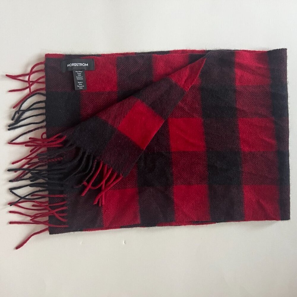 Nordstrom Cashmere Fringe Scarf Red Black Buffalo Check NWOT - Picture 2 of 5